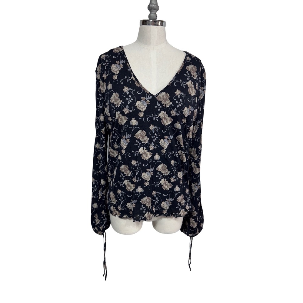 Old Navy XXL Black Floral V-Neck Top Women's Long Sleeve Cinch Cuff